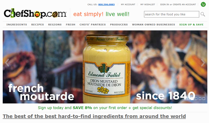 image of customer home page at chefshop.com