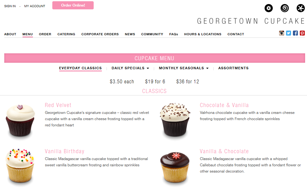 image of customer menu at georgetowncupcake.com