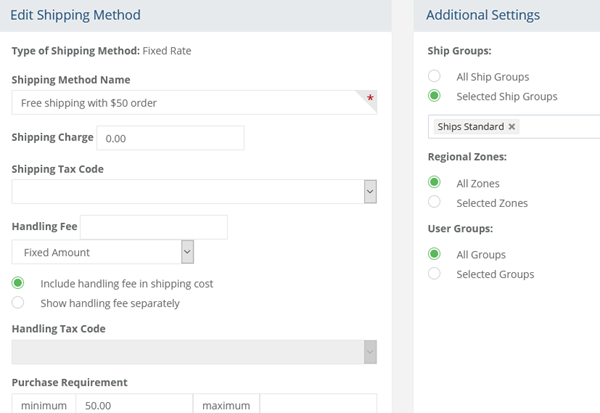 image showing config for shipping method